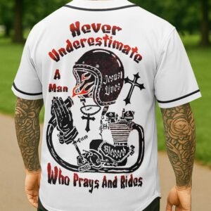 Never Underestimate A Man Who Prays And Rides All Over Print Jersey